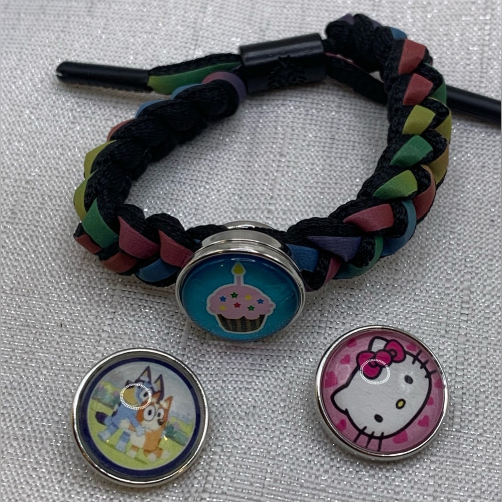 Pastel Adjustable Bracelet with 3 Snap Button Charms Bluey, Hello Kitty, Cupcake